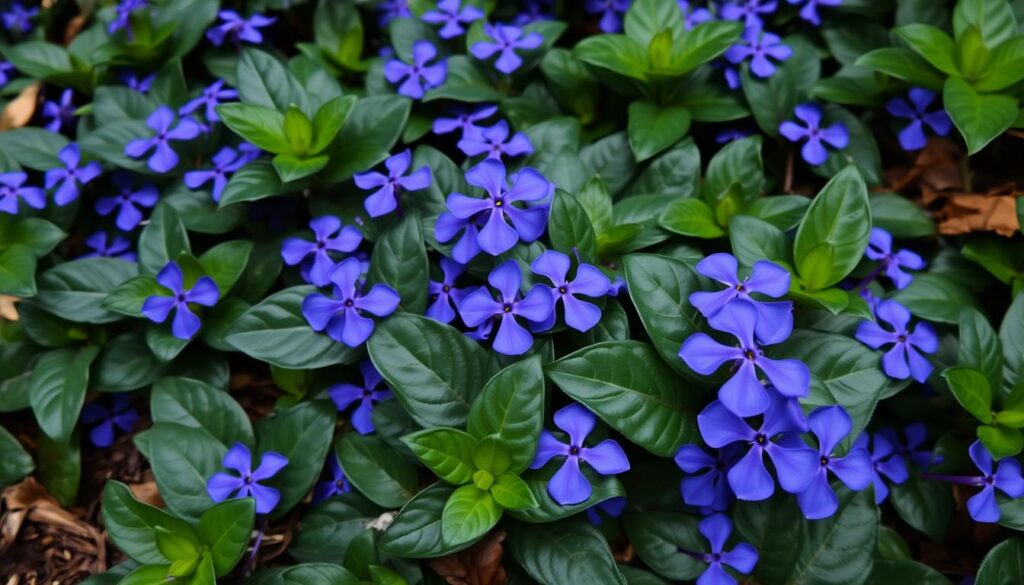 Barwinek pospolity z fioletowymi kwiatami jako roślina okrywowa zimozielona na słońce Barwinek pospolity z fioletowymi kwiatami jako roślina okrywowa zimozielona na słońce