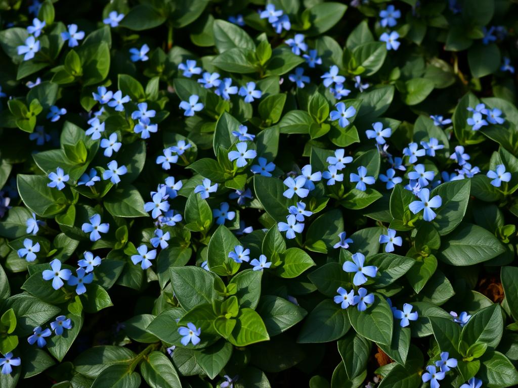 Barwinek pospolity z niebieskimi kwiatami jako roślina okrywowa do cienia