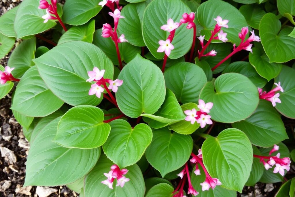 Bergenia sercowata z czerwonymi kwiatami jako roślina okrywowa do cienia zimozielona Bergenia sercowata z czerwonymi kwiatami jako roślina okrywowa do cienia zimozielona