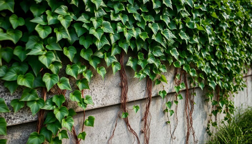 Bluszcz pospolity na betonowym ogrodzeniu Bluszcz pospolity na betonowym ogrodzeniu