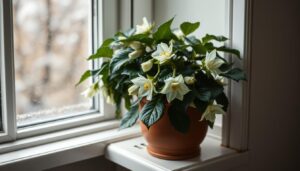 Ciemierniki w doniczce kwitnące zimą na parapecie okiennym