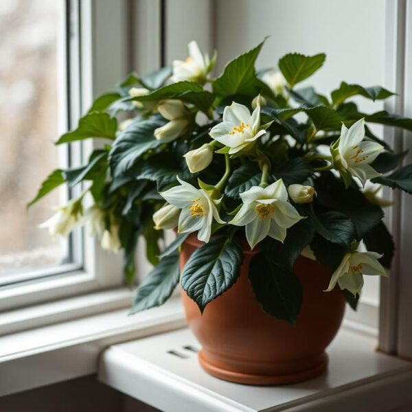 Ciemierniki w doniczce kwitnące zimą na parapecie okiennym