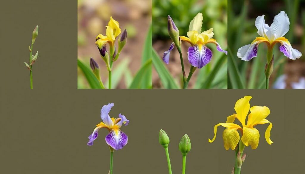 Cykl kwitnienia irysa syberyjskiego w różnych fazach rozwoju