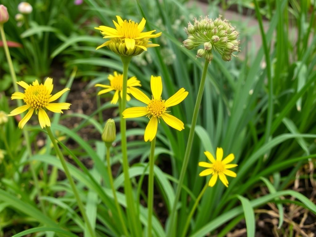 Czosnek Moly z żółtymi kwiatami po przekwitnięciu Czosnek Moly z żółtymi kwiatami po przekwitnięciu