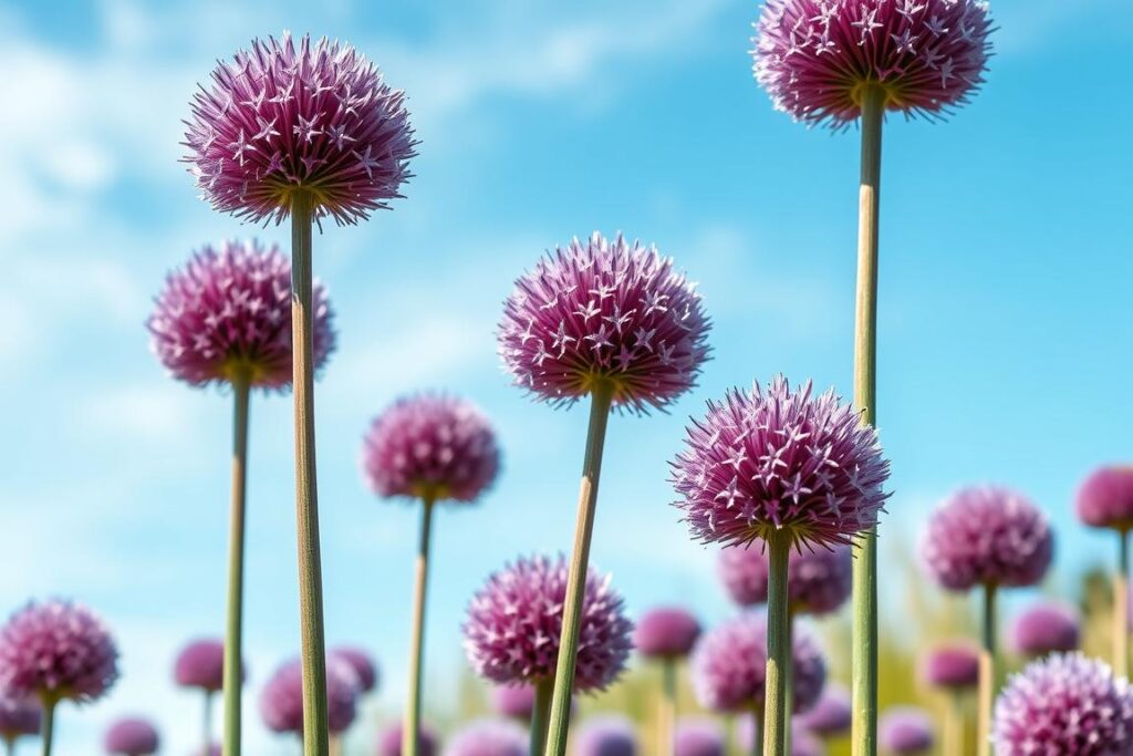 Czosnek olbrzymi (Allium giganteum) z dużymi fioletowymi kulistymi kwiatostanami na wysokich łodygach