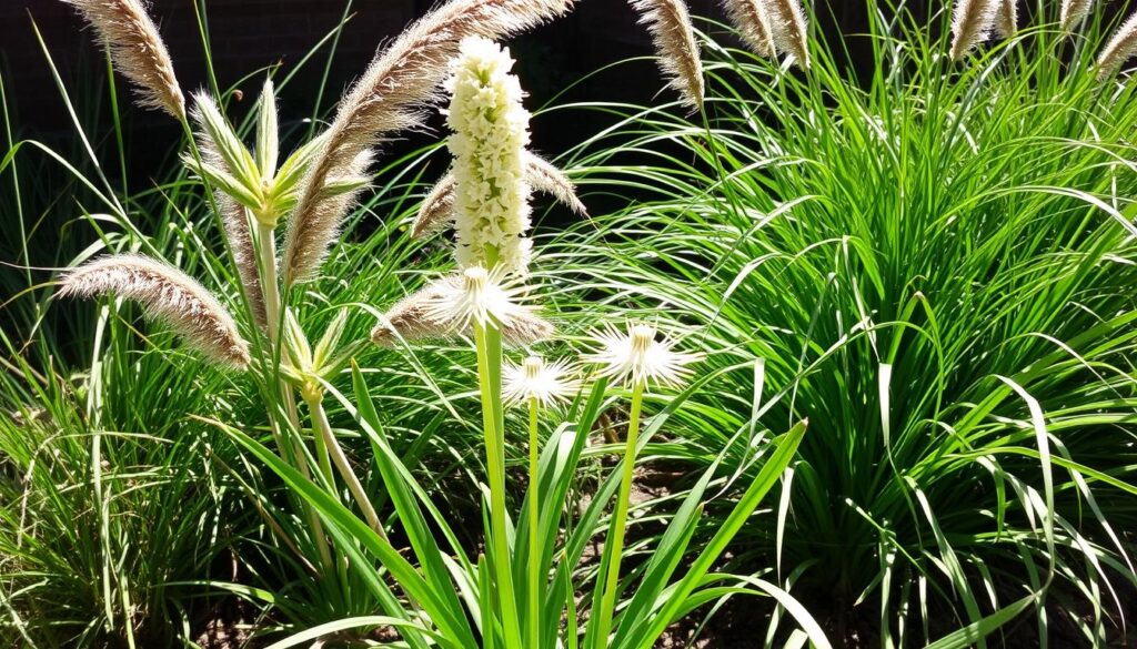 Czosnek ozdobny rosnący na słonecznym stanowisku w ogrodzie w towarzystwie traw ozdobnych