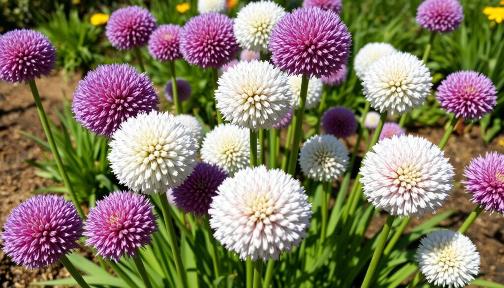 Czosnek ozdobny w pełni kwitnienia z charakterystycznymi kulistymi kwiatostanami w różnych kolorach