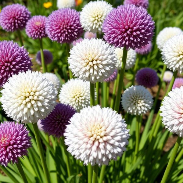 Czosnek ozdobny w pełni kwitnienia z charakterystycznymi kulistymi kwiatostanami w różnych kolorach