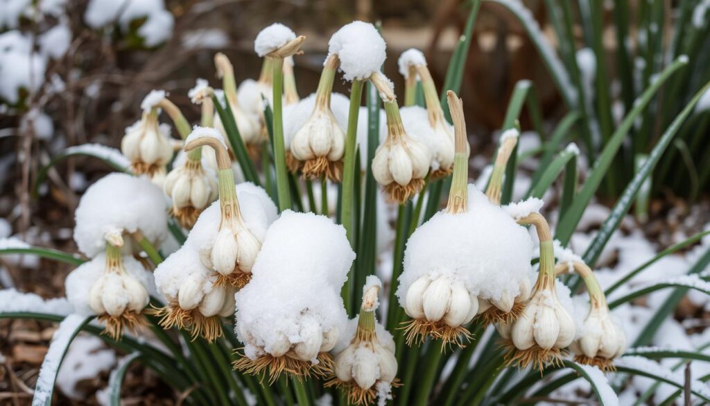 Czosnek ozdobny zimujący w ogrodzie pod warstwą śniegu