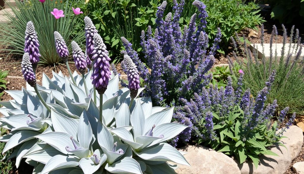 Czyściec wełnisty kompozycje z lawendą i szałwią w ogrodzie