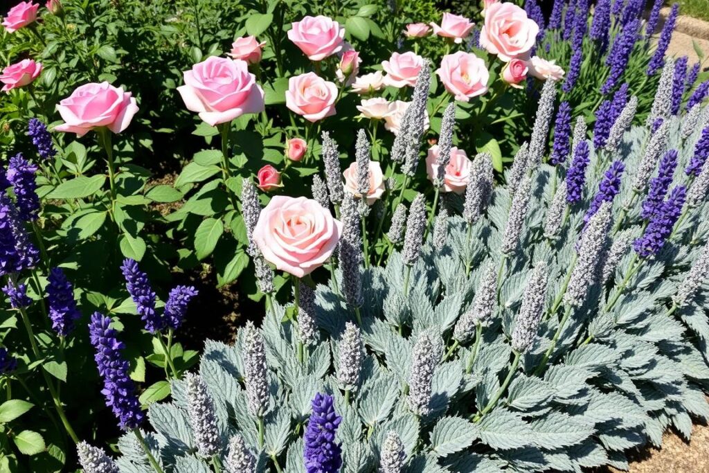 Czyściec wełnisty na rabacie w kompozycji z różami i lawendą