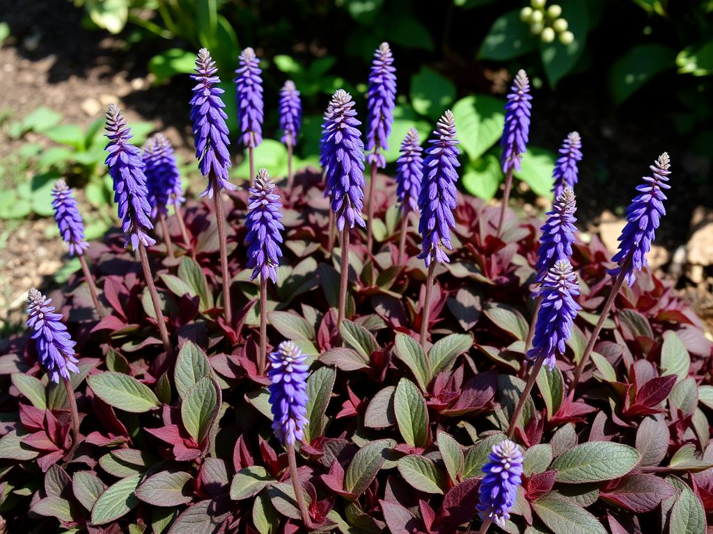 Dąbrówka rozłogowa z fioletowymi kwiatami jako szybko rosnąca roślina okrywowa