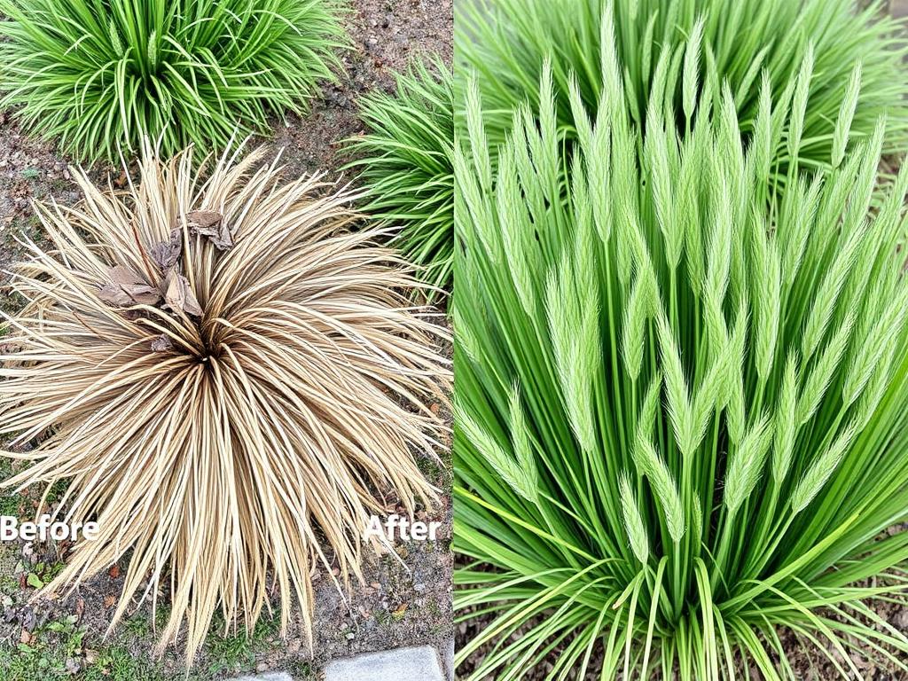 Efekt przed i po przycinaniu ostnicy - porównanie kępy przed zabiegiem i po regeneracji Efekt przed i po przycinaniu ostnicy - porównanie kępy przed zabiegiem i po regeneracji