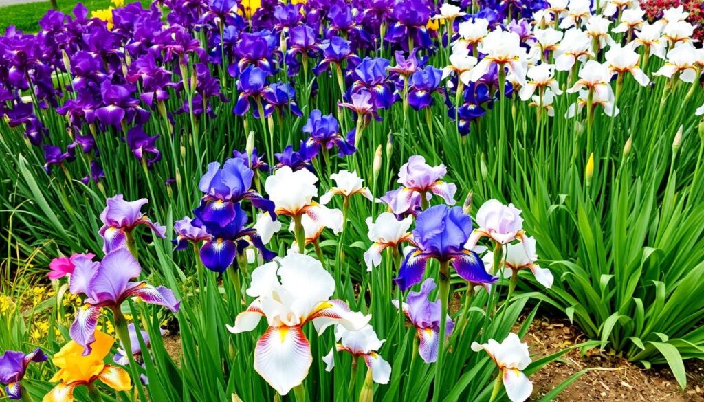 Efektowna grupa irysów syberyjskich w pełnym kwitnieniu w ogrodzie