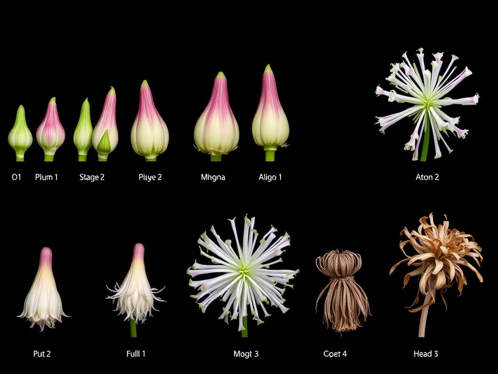 Fazy rozwoju kwiatu czosnku ozdobnego od pąku do przekwitania Fazy rozwoju kwiatu czosnku ozdobnego od pąku do przekwitania