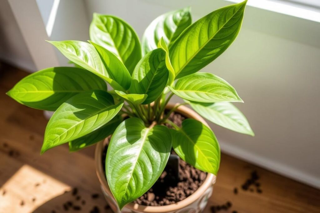 Fikus nawożony fusami z kawy wypuszczający nowe liście Fikus nawożony fusami z kawy wypuszczający nowe liście