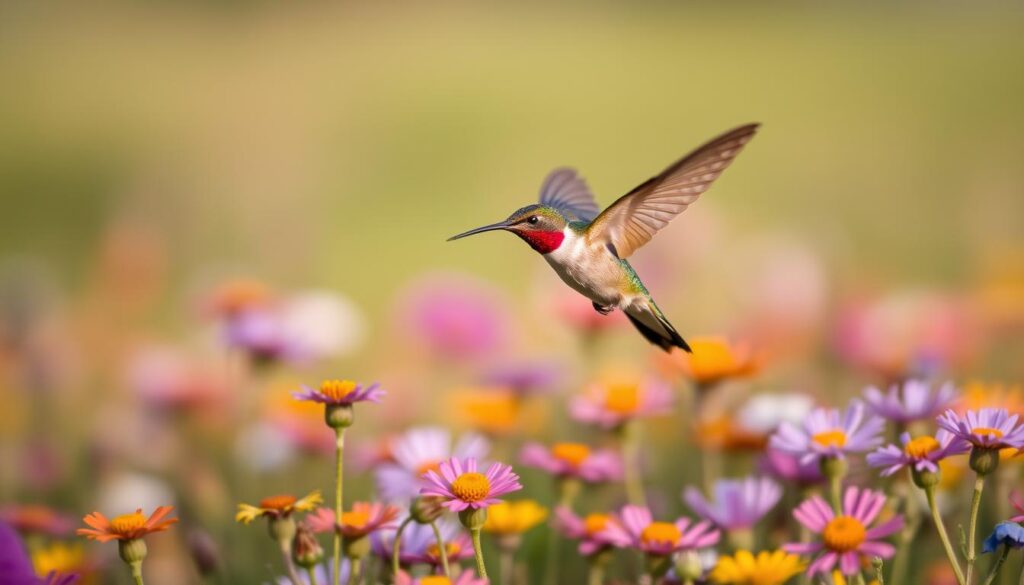 Fruczak gołąbek podczas migracji, lecący nad łąką pełną kwiatów Fruczak gołąbek podczas migracji, lecący nad łąką pełną kwiatów
