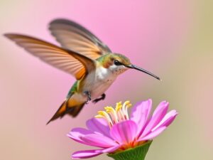 Fruczak gołąbek zawisający nad kwiatem, przypominający kolibra