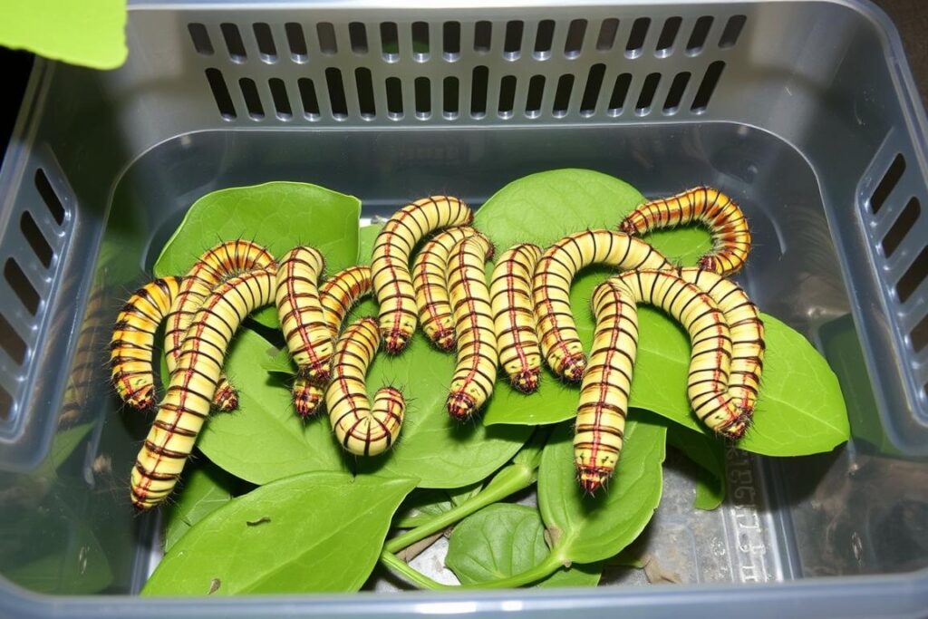 Gąsienice fruczaka gołąbka na liściu rośliny żywicielskiej w warunkach hodowlanych Gąsienice fruczaka gołąbka na liściu rośliny żywicielskiej w warunkach hodowlanych