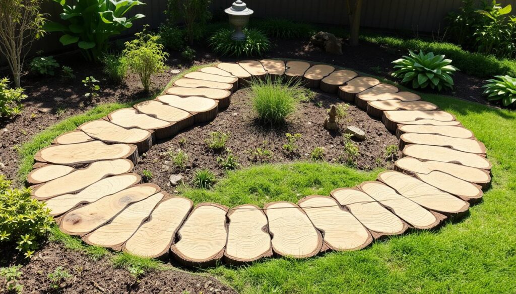 Gotowa ścieżka z plastrów drewna w pięknie zaaranżowanym ogrodzie