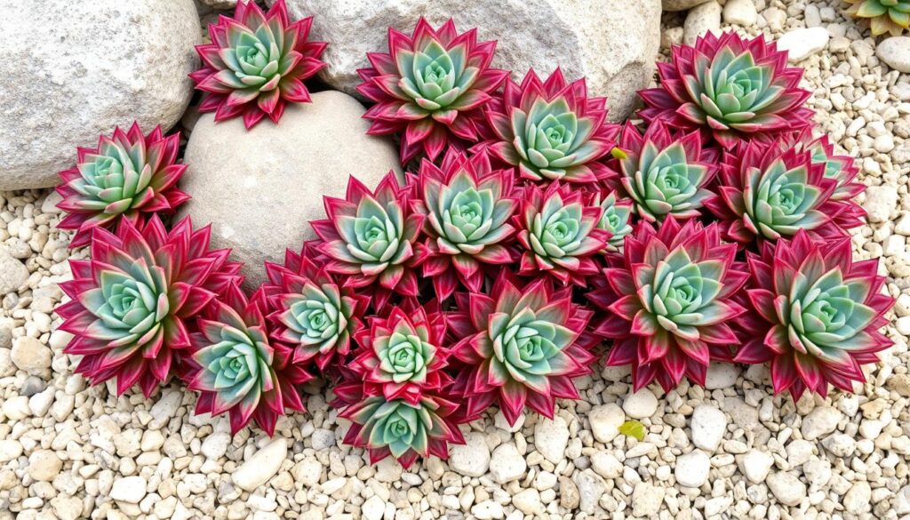 Grupa rojników matrona posadzonych w ogrodzie skalnym Grupa rojników matrona posadzonych w ogrodzie skalnym