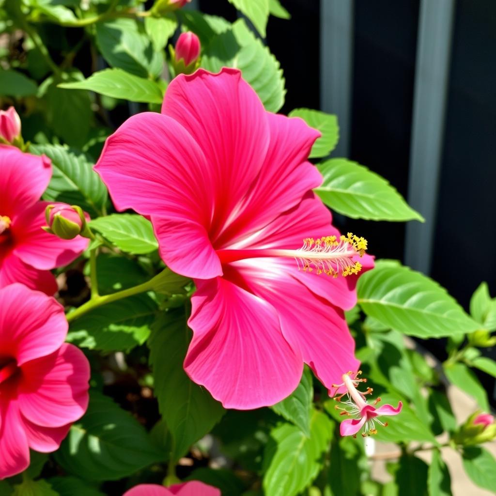 Hibiskus bagienny 'Disco Belle' z różowymi kwiatami