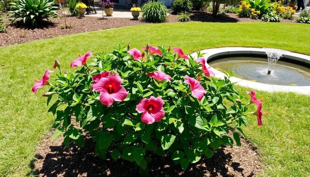 Hibiskus bagienny posadzony w idealnym, słonecznym stanowisku w ogrodzie