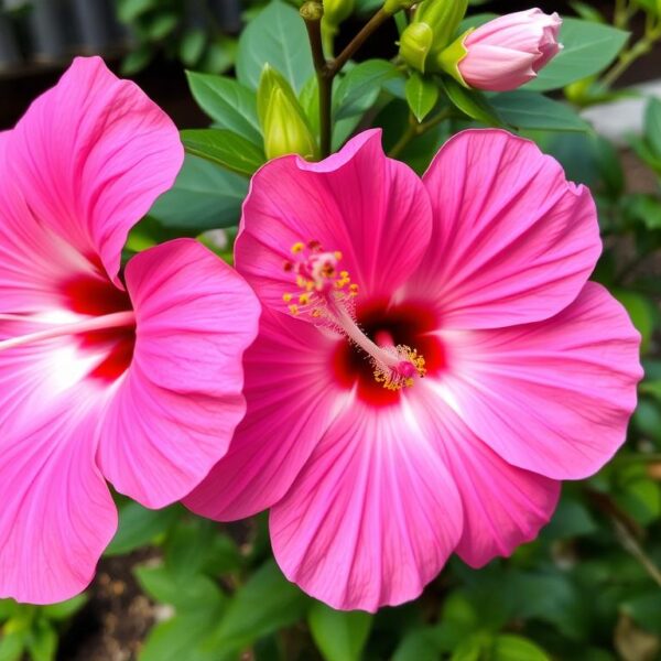 Hibiskus bagienny z dużymi, kolorowymi kwiatami w ogrodzie