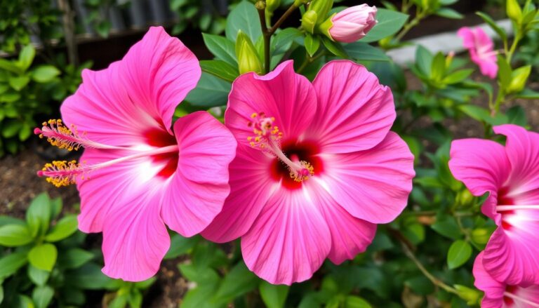 Hibiskus bagienny z dużymi, kolorowymi kwiatami w ogrodzie