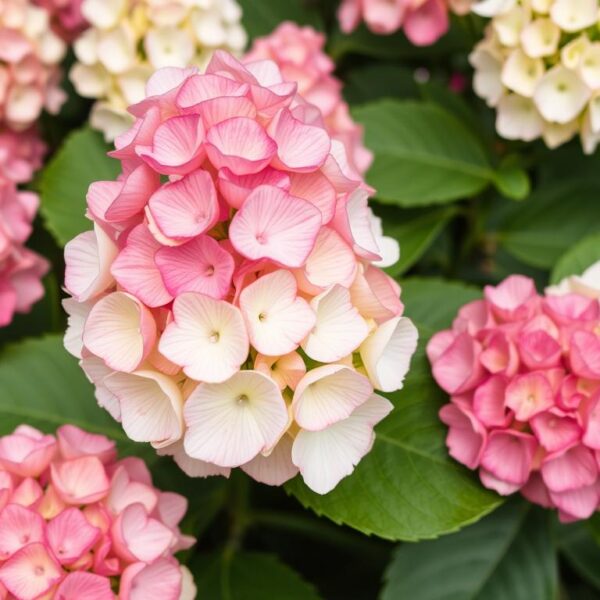 Hortensja Vanille Fraise z charakterystycznymi kwiatostanami zmieniającymi kolor od białego do różowego