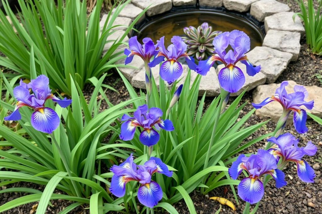 Irys syberyjski rosnący na wilgotnym stanowisku w pobliżu oczka wodnego