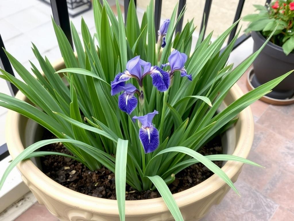 Irys syberyjski uprawiany w dużej donicy na tarasie lub balkonie
