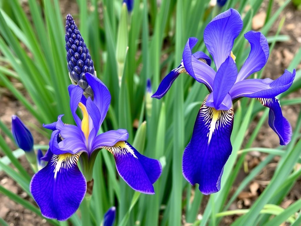 Irys syberyjski w pełnym kwitnieniu pokazujący charakterystyczne fioletowe kwiaty i smukłe liście