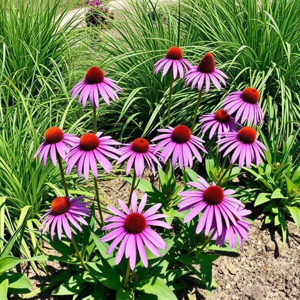 Jeżówka z trawami w słonecznym ogrodzie pokazująca idealne warunki uprawy