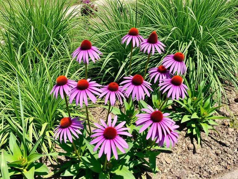 Jeżówka z trawami w słonecznym ogrodzie pokazująca idealne warunki uprawy