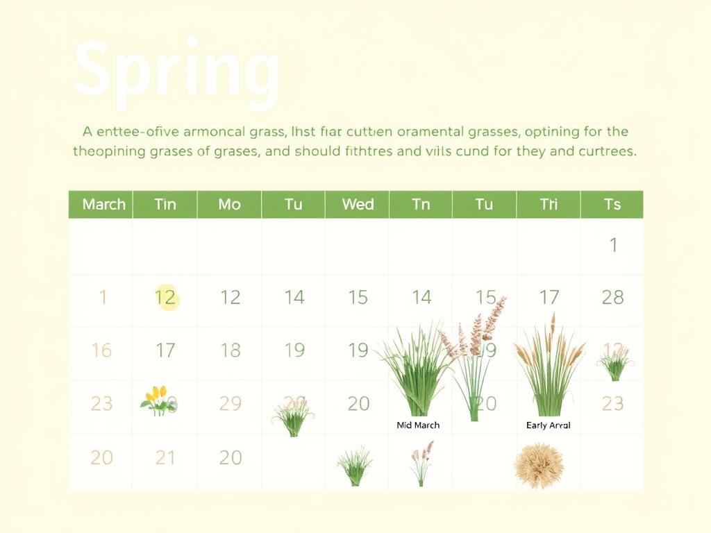 Kalendarz ogrodniczy pokazujący optymalny czas cięcia traw ozdobnych na wiosnę Kalendarz ogrodniczy pokazujący optymalny czas cięcia traw ozdobnych na wiosnę