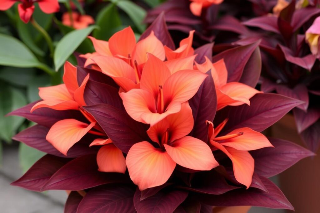 Kanna Louis Cottin w donicy z łososiowymi kwiatami i bordowymi liśćmi