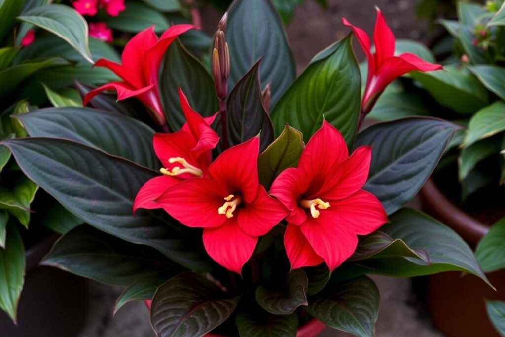 Kanna Lucifer w donicy z intensywnie czerwonymi kwiatami