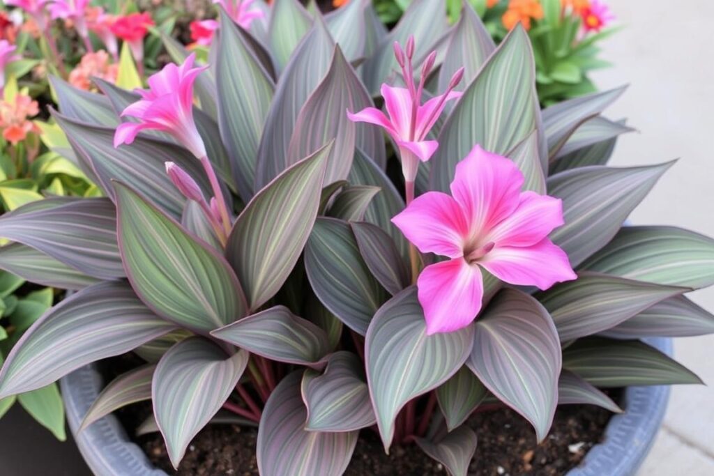 Kanna Pink Sunburst w donicy z różowymi kwiatami i prążkowanymi liśćmi