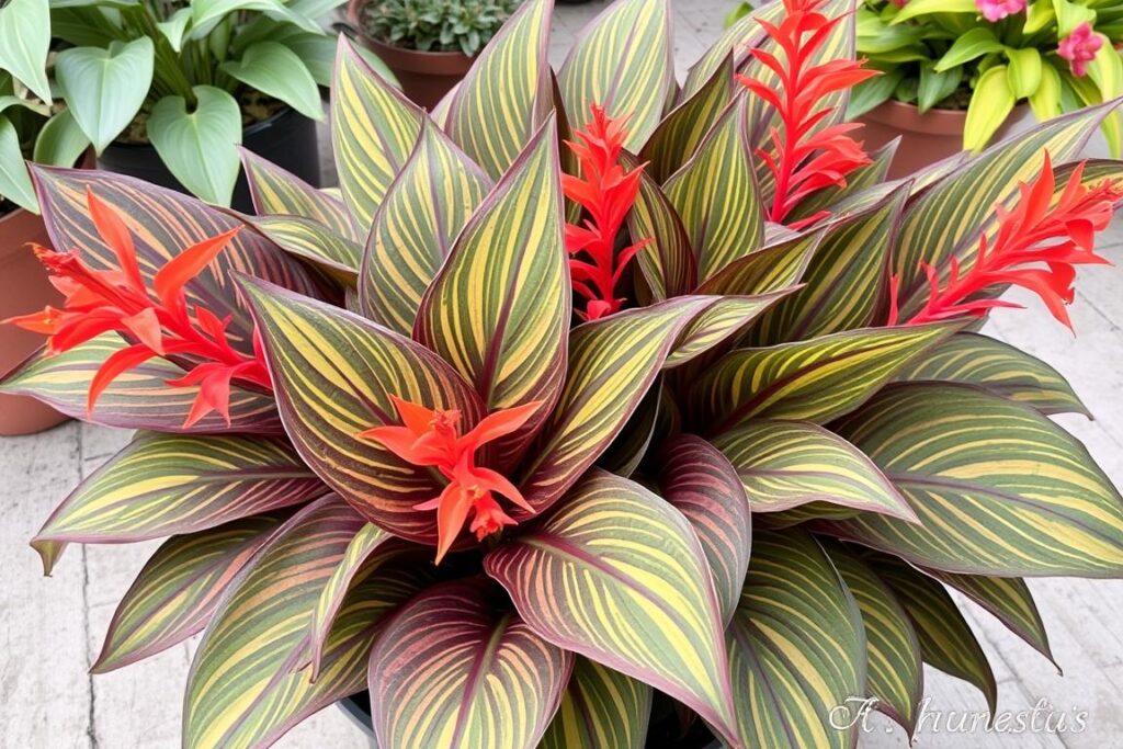 Kanna Tropicana w donicy z pomarańczowo-czerwonymi kwiatami i paskowanymi liśćmi