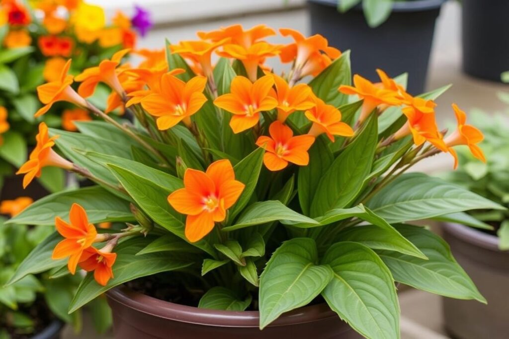 Kanna karłowa Happy Cleo w donicy z pomarańczowymi kwiatami