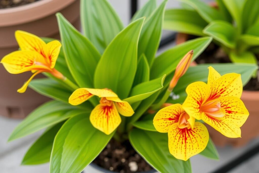 Kanna karłowa Happy Emily w donicy z żółto-czerwonymi kwiatami