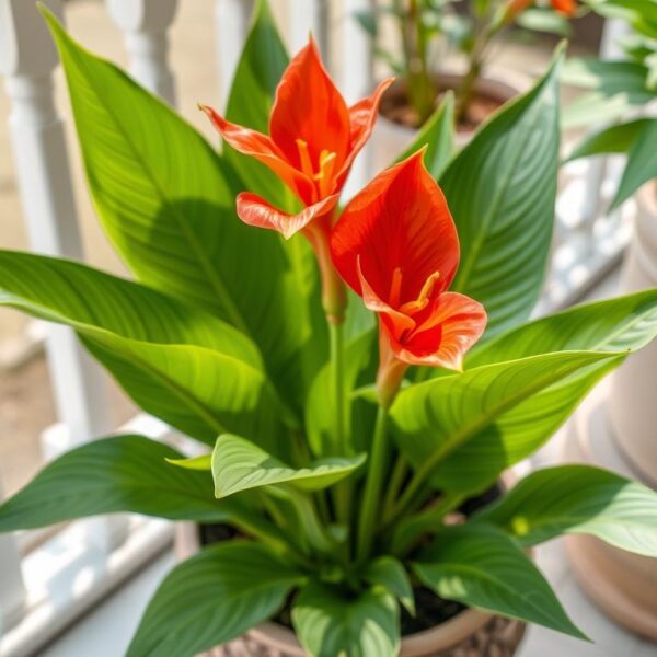 Kanna w donicy kompozycje - kwitnący paciorecznik z charakterystycznymi kolorowymi kwiatami i dużymi liśćmi