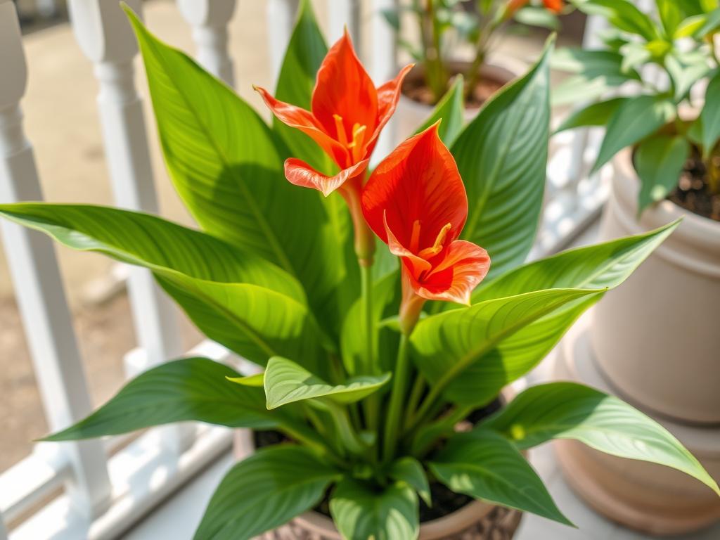 Kanna w donicy kompozycje - kwitnący paciorecznik z charakterystycznymi kolorowymi kwiatami i dużymi liśćmi