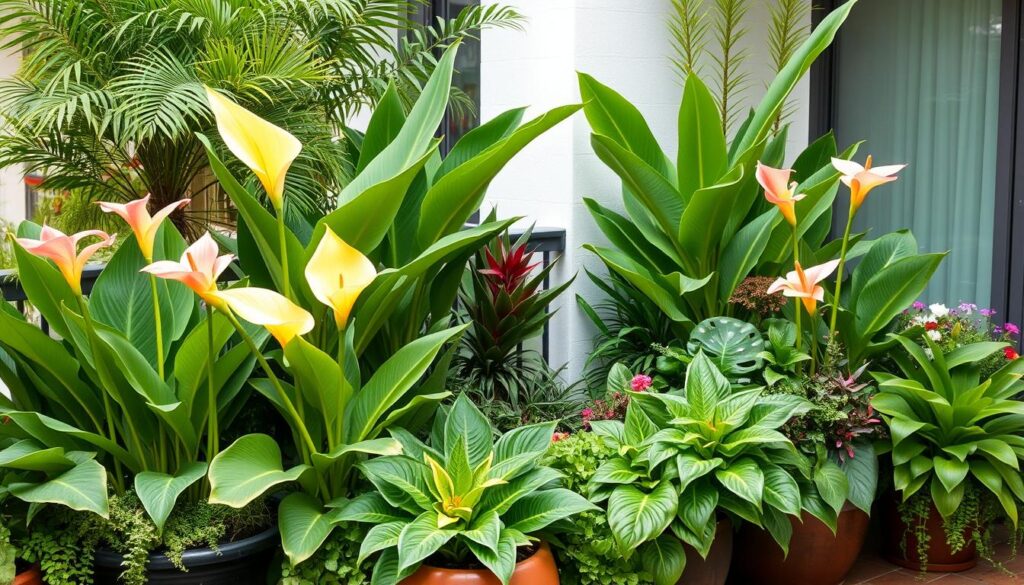 Kanna w donicy kompozycje na tarasie - aranżacja z roślinami o różnych teksturach