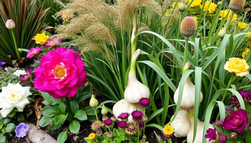 Kompozycja ogrodowa z czosnkiem ozdobnym i innymi roślinami Kompozycja ogrodowa z czosnkiem ozdobnym i innymi roślinami