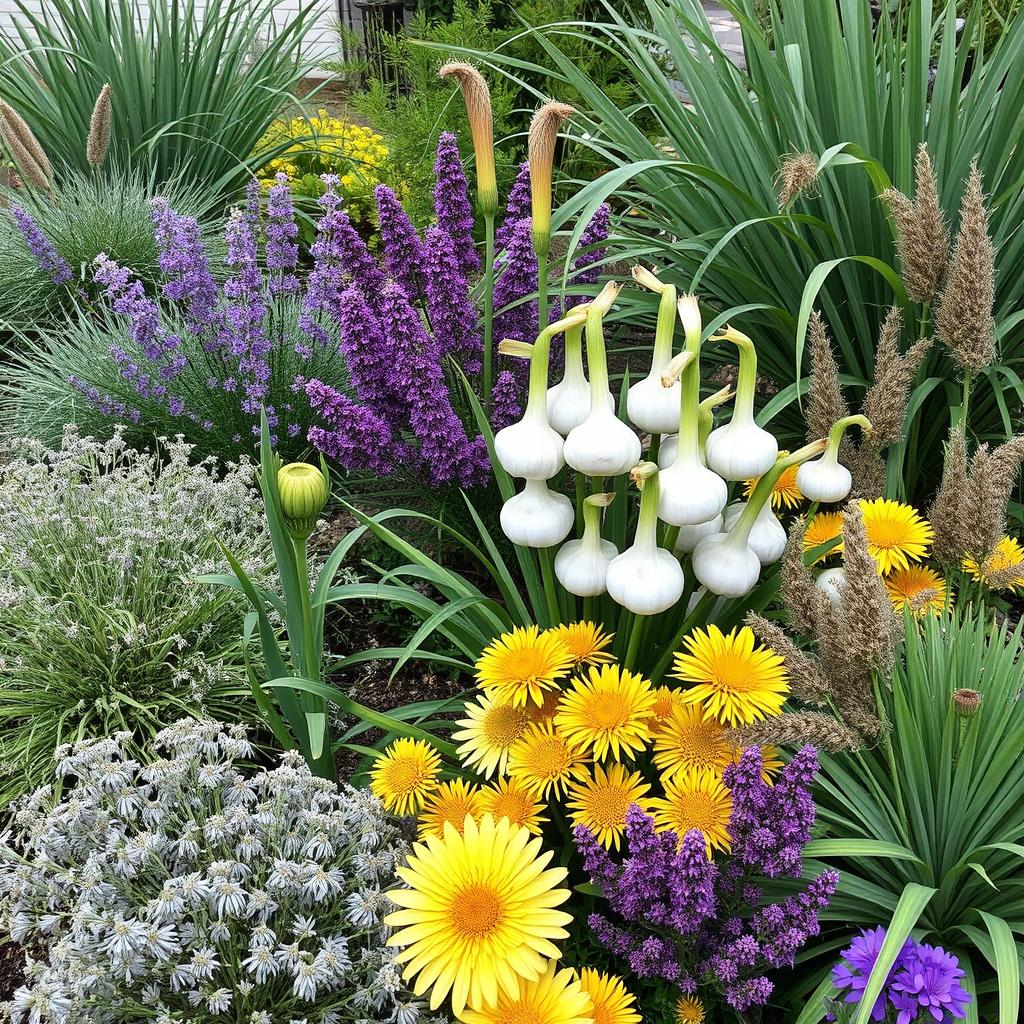 Kompozycja ogrodowa z różnymi odmianami czosnku ozdobnego tworzącymi efektowne akcenty