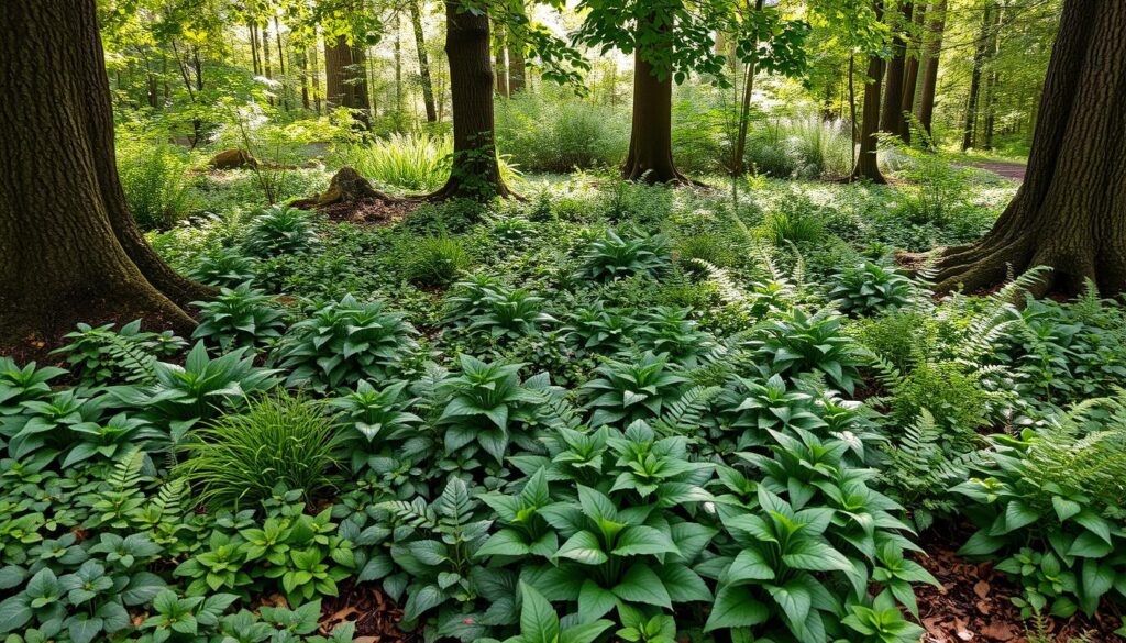 Kompozycja roślin okrywowych pod drzewami w ogrodzie