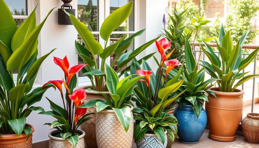 Kompozycja z kanny w donicy na tarasie z innymi roślinami tropikalnymi