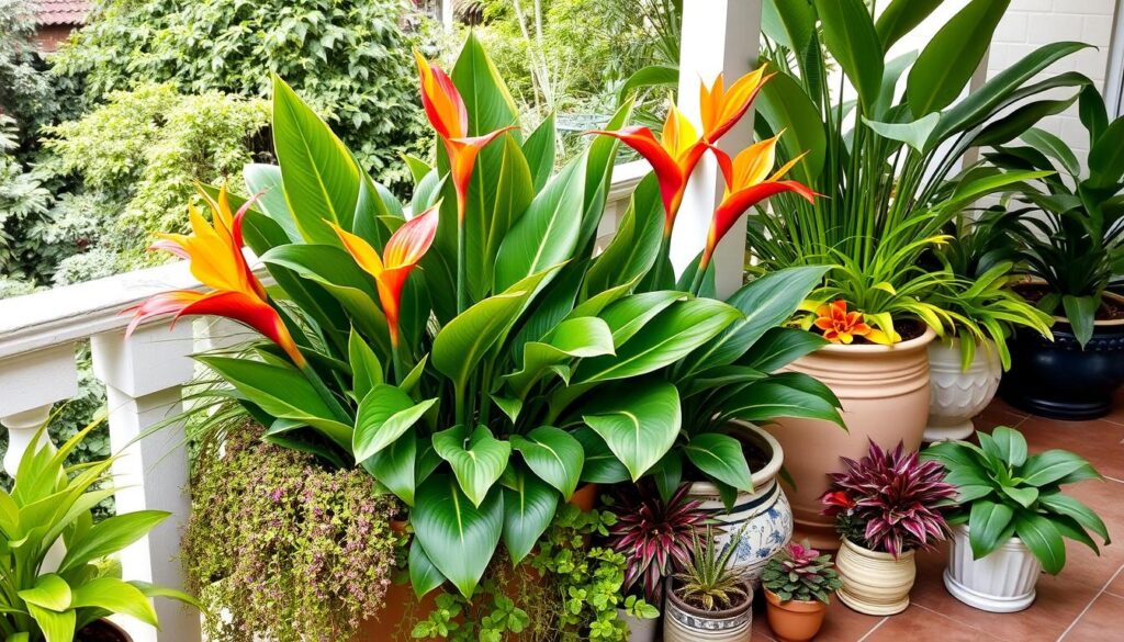 Kompozycja z kanny w donicy z innymi roślinami tropikalnymi na tarasie